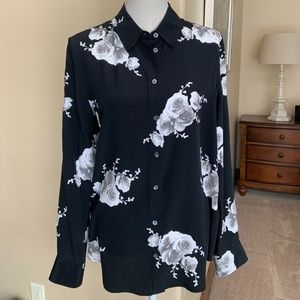 Black & White Flower Button Up Silk Blouse